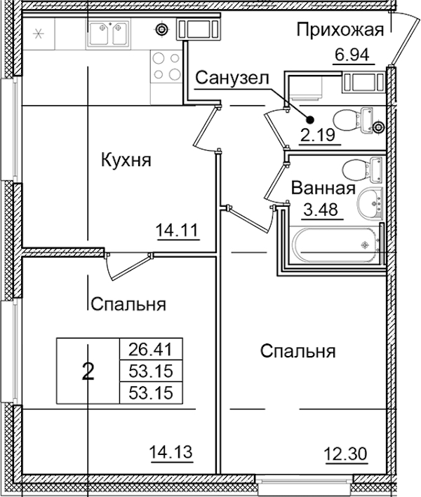 2-комнатная квартира 53.15 м², 9/9 эт., ЖК «Квартал Заречье»